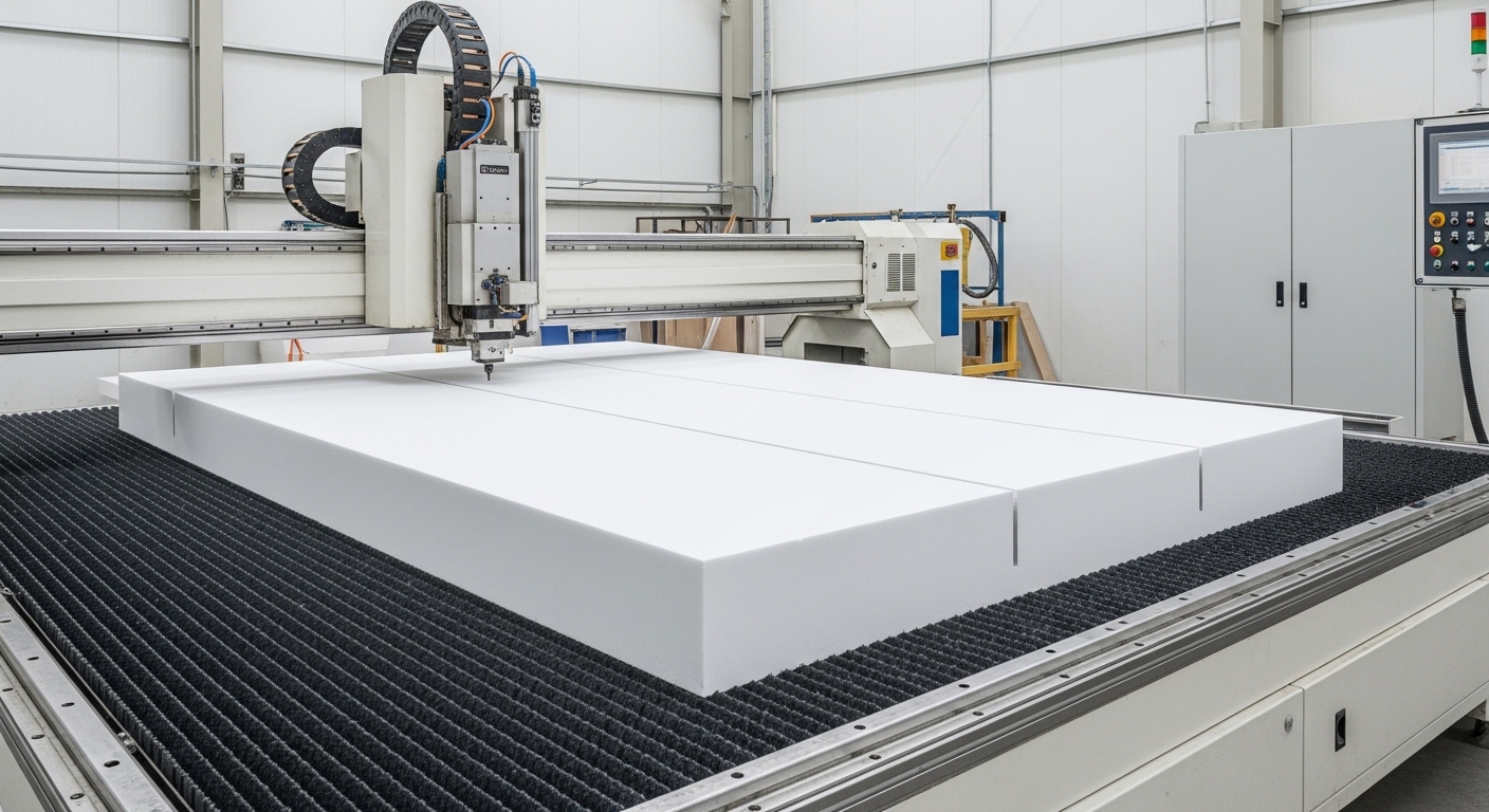 Industrial CNC foam cutting machine with foam block on cutting bed