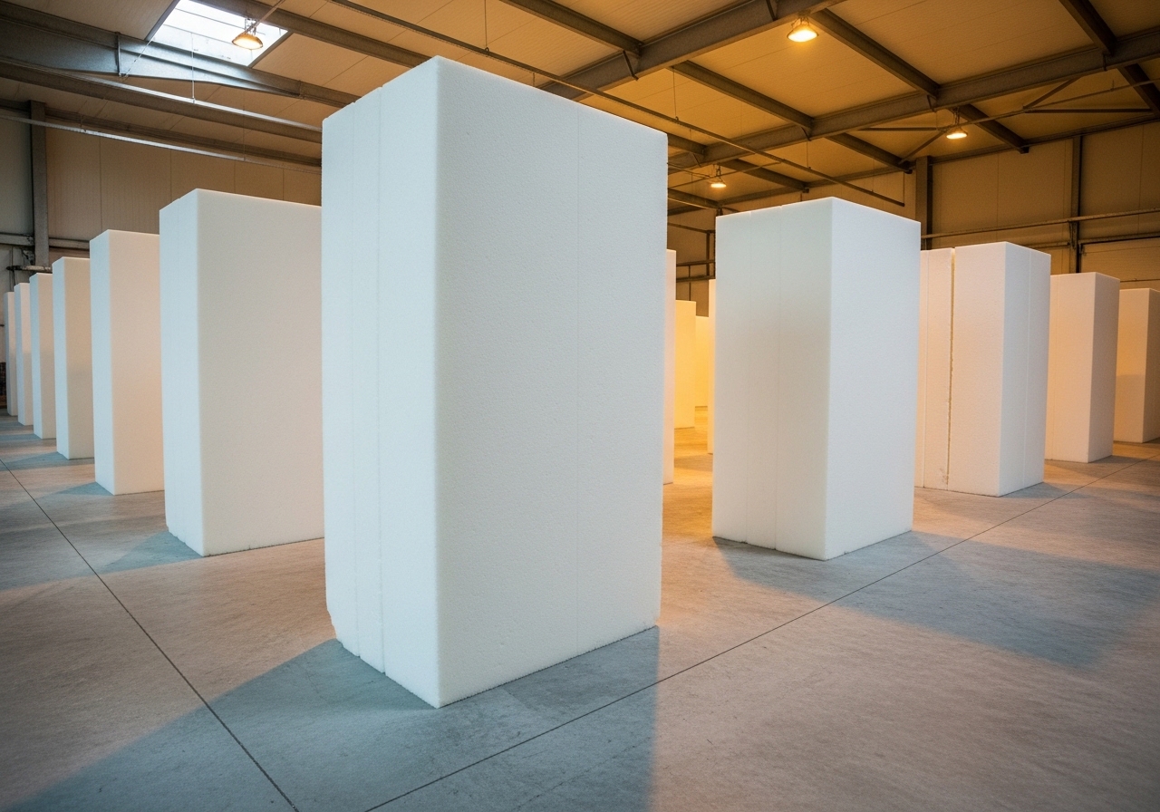 Fresh foam blocks standing upright in curing area
