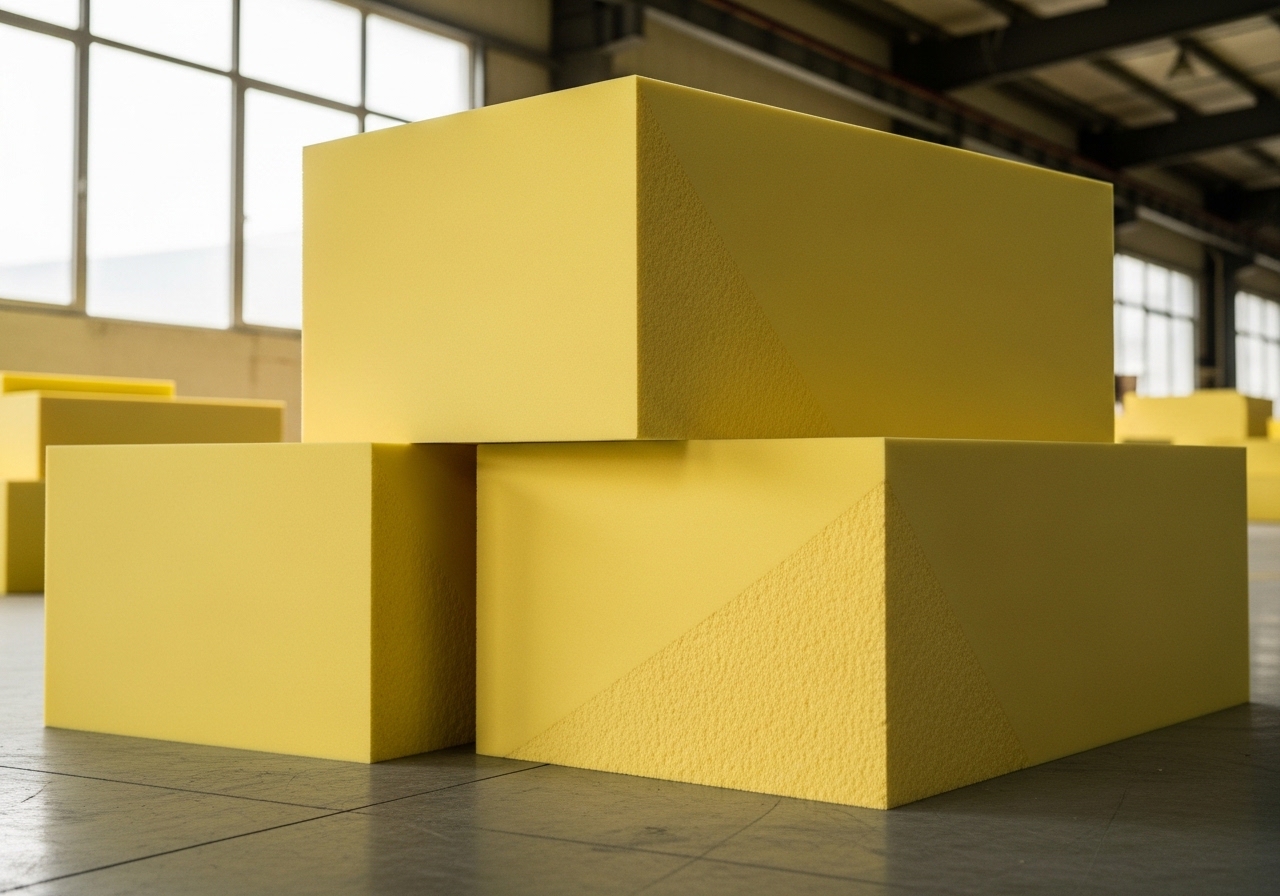 Dense yellow high-density foam blocks stacked on concrete floor