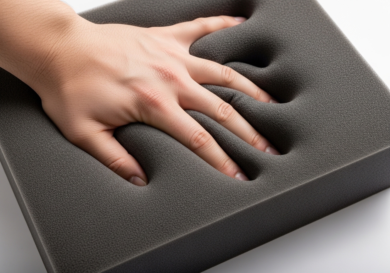 Hand pressing into grey visco-elastic memory foam showing clear impression