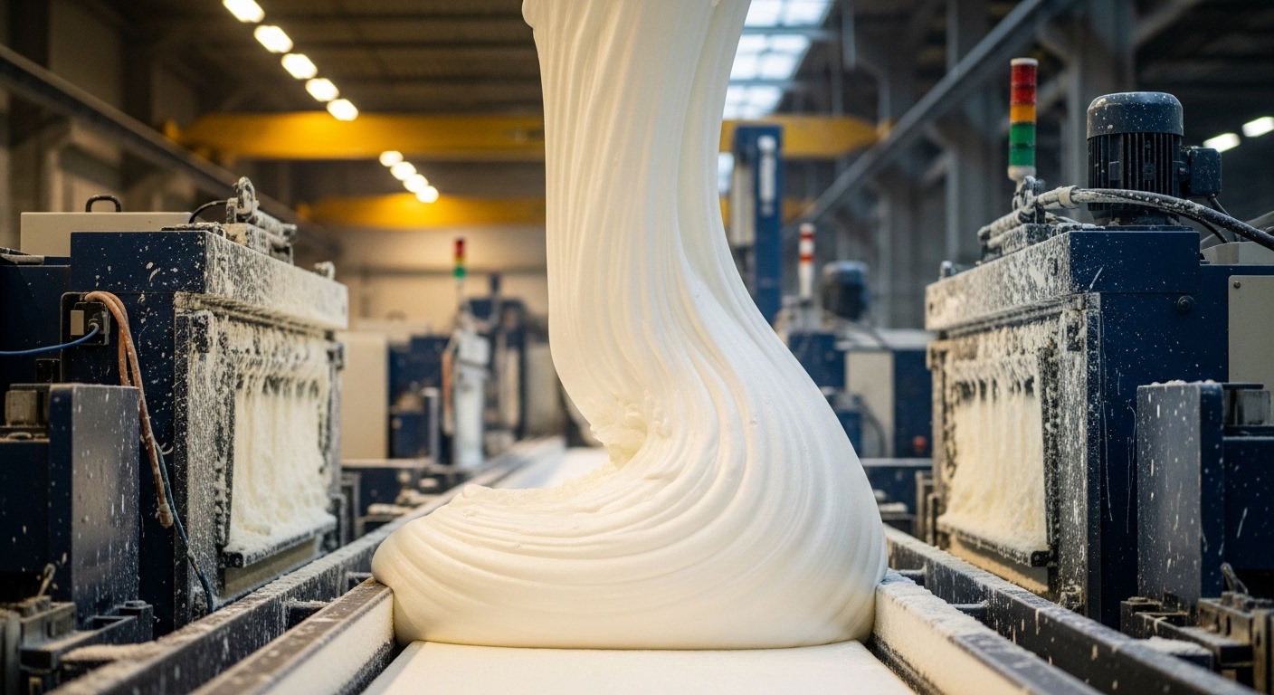 White foam rising and expanding on conveyor belt