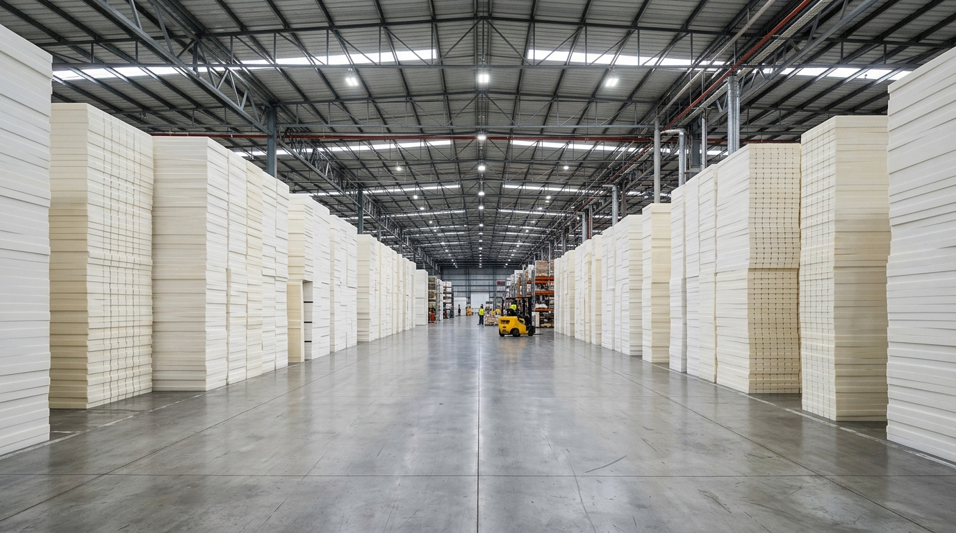 Dense foam blocks stacked in industrial warehouse