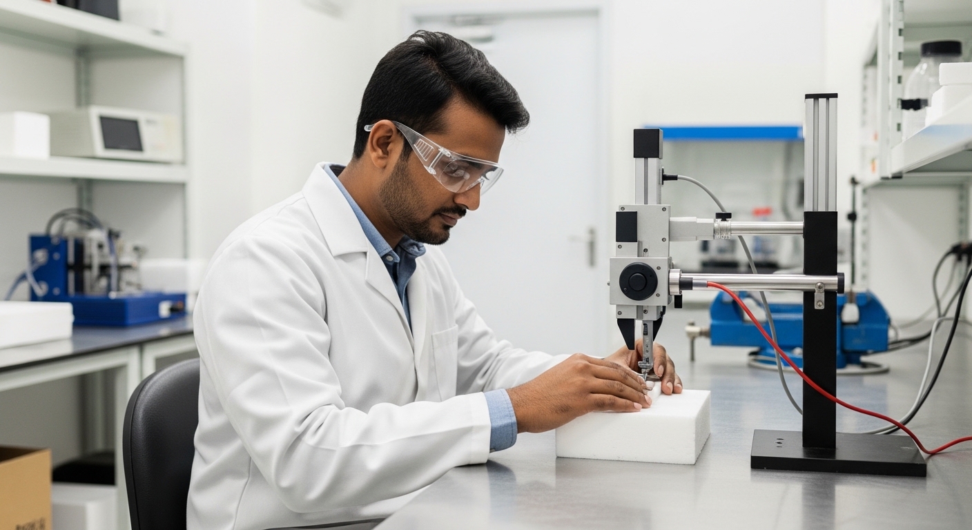 QC technician testing foam sample with precision equipment